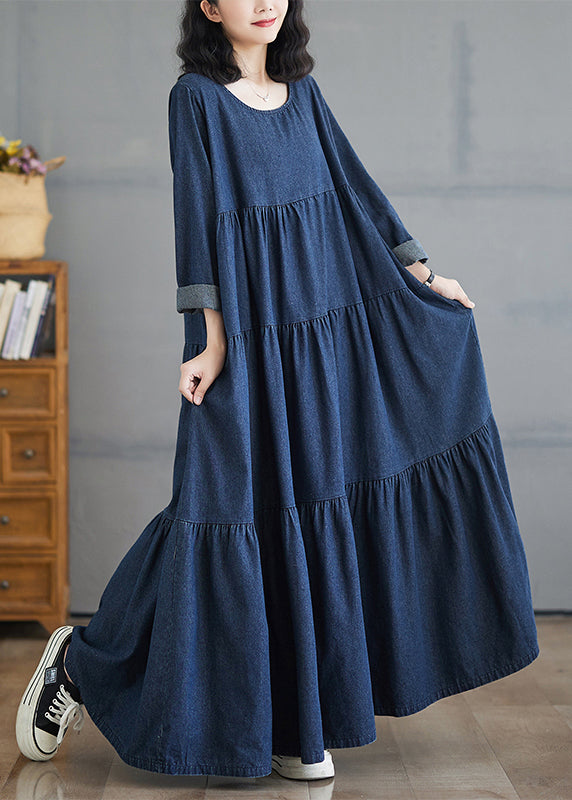 Plus Size Denim Blue O-Neck Wrinkled Patchwork Long Dresses