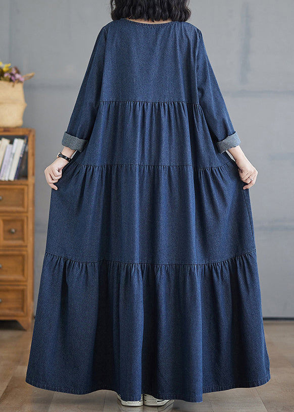 Plus Size Denim Blue O-Neck Wrinkled Patchwork Long Dresses