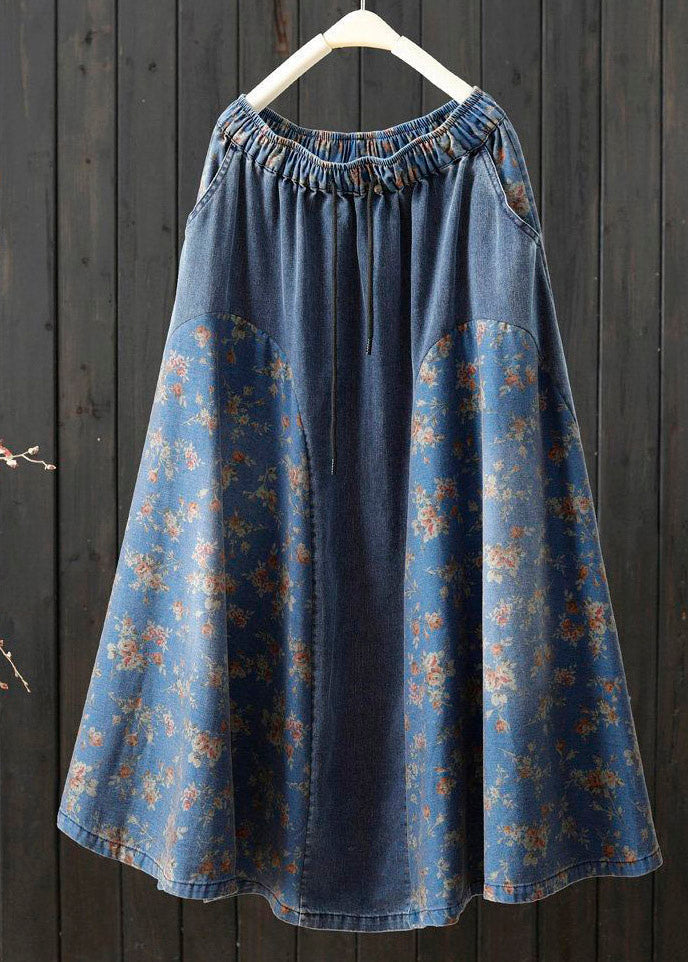 Plus Size Denim Light Blue Print High Waist A Line Skirt Summer