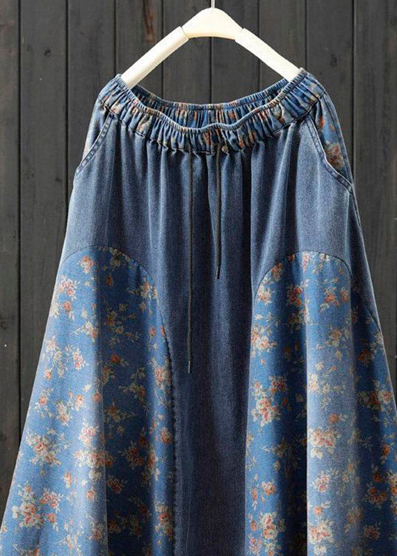 Plus Size Denim Light Blue Print High Waist A Line Skirt Summer