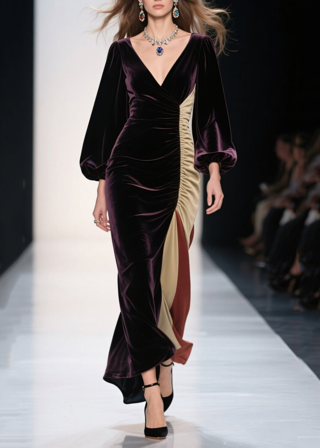 Plus Size Dull Purple Asymmetrical Patchwork Silk Velvet Evening Dress Spring