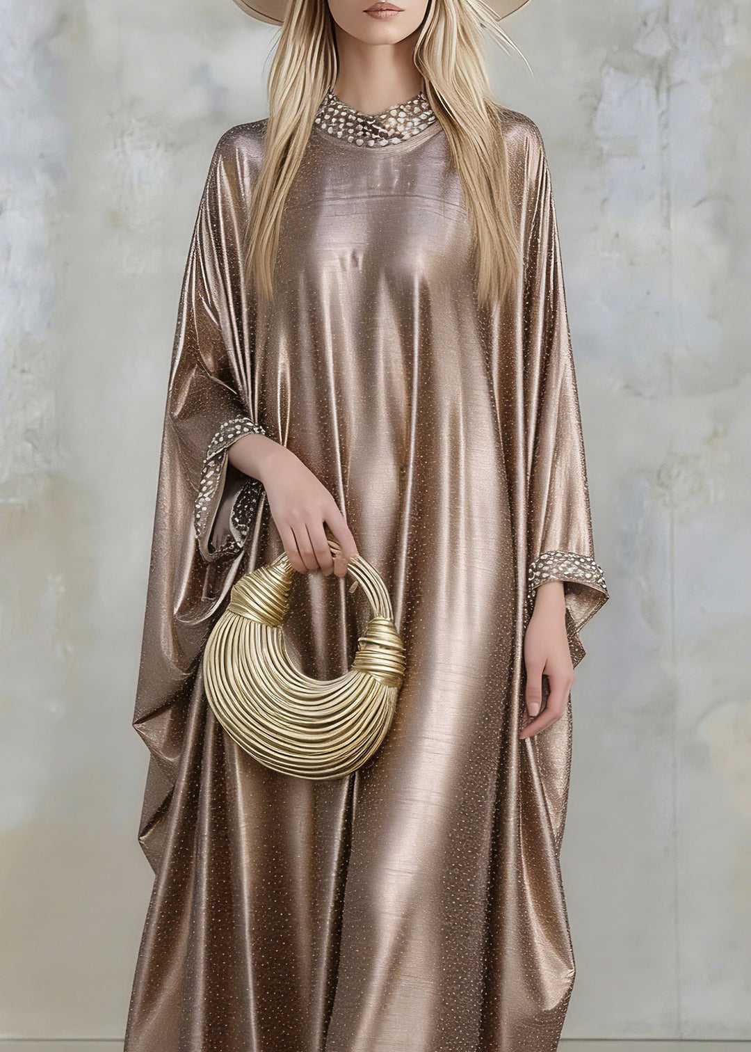 Plus Size Gold Silk Maxi Dresses Flare Sleeve