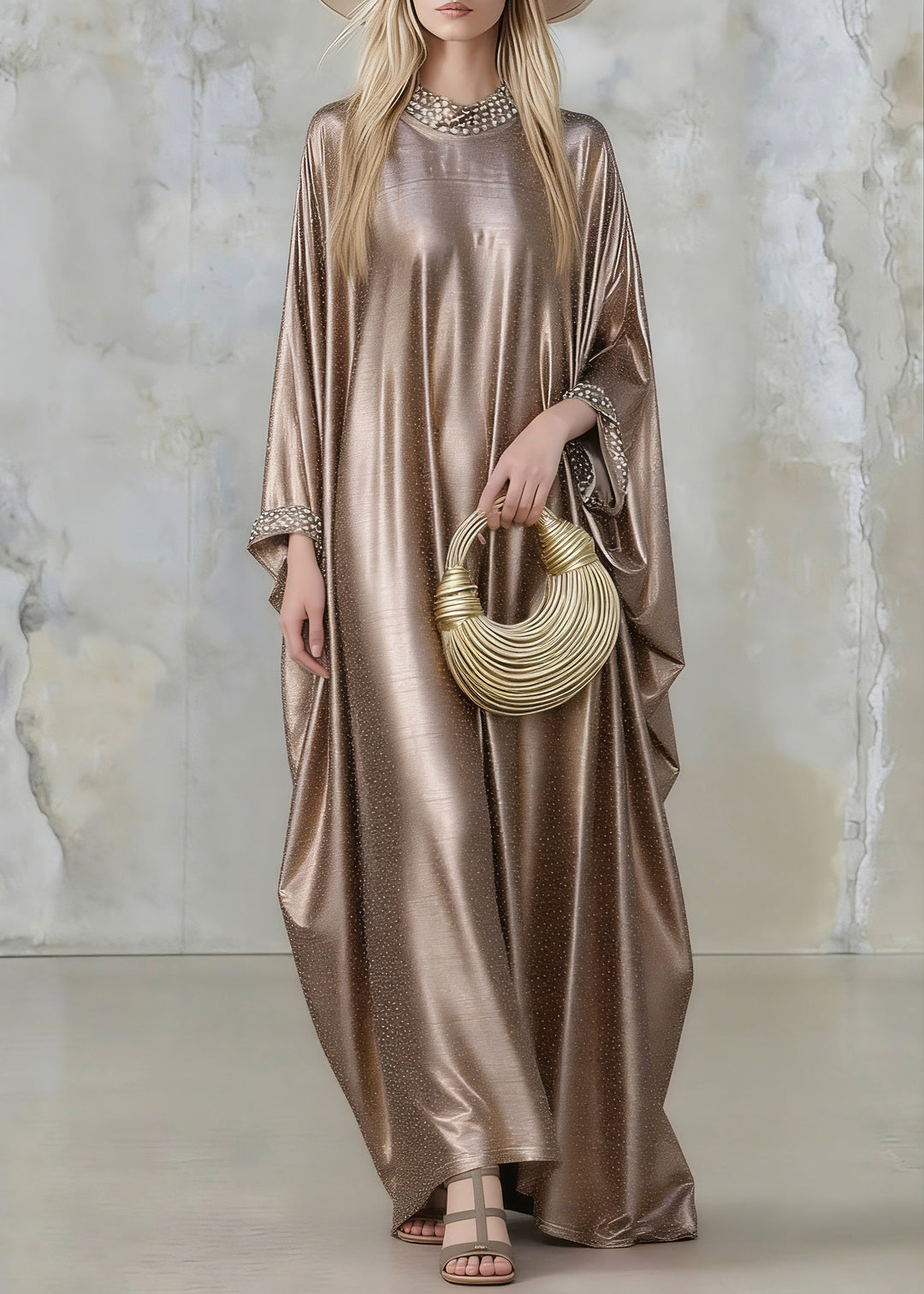 Plus Size Gold Silk Maxi Dresses Flare Sleeve