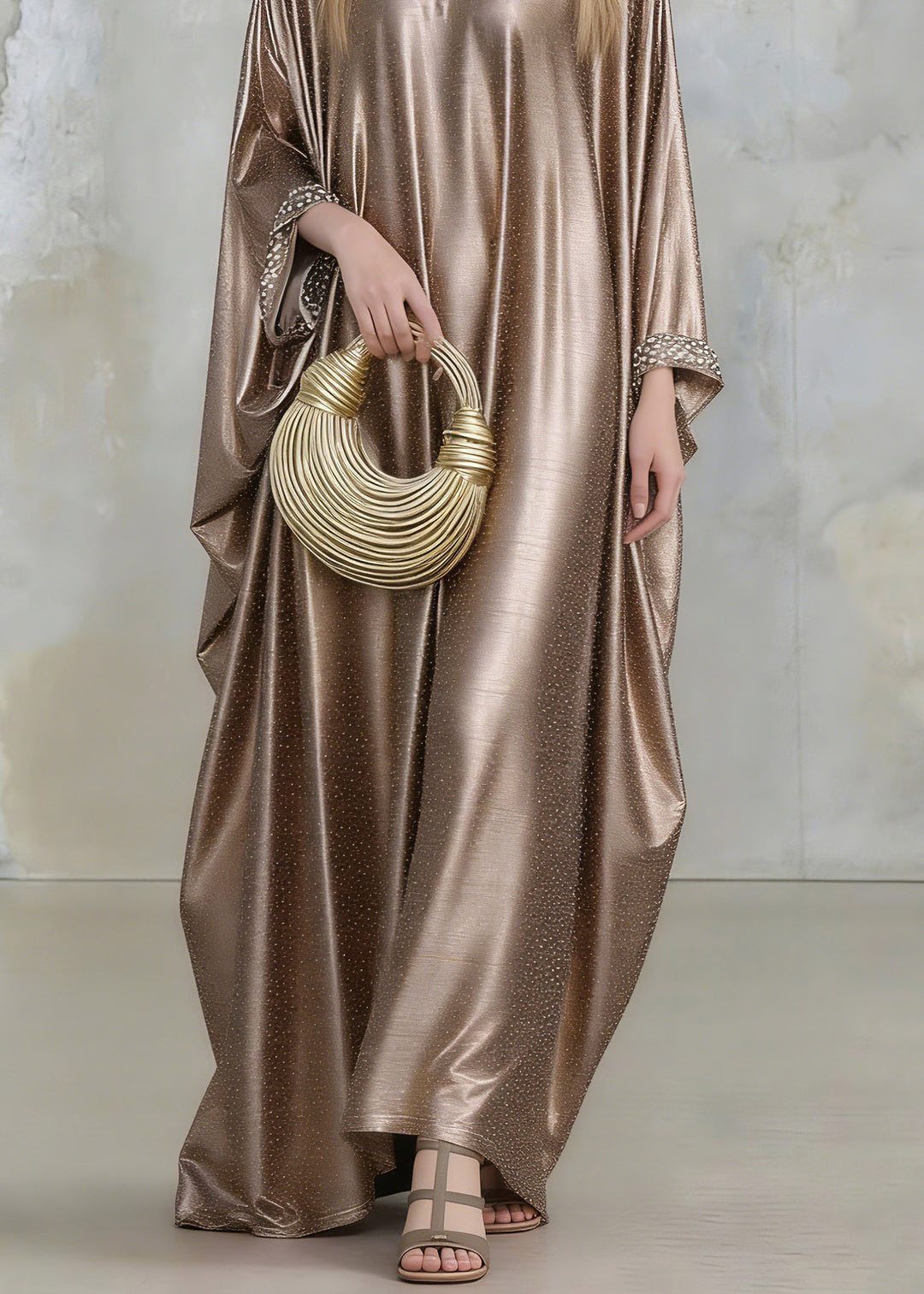 Plus Size Gold Silk Maxi Dresses Flare Sleeve