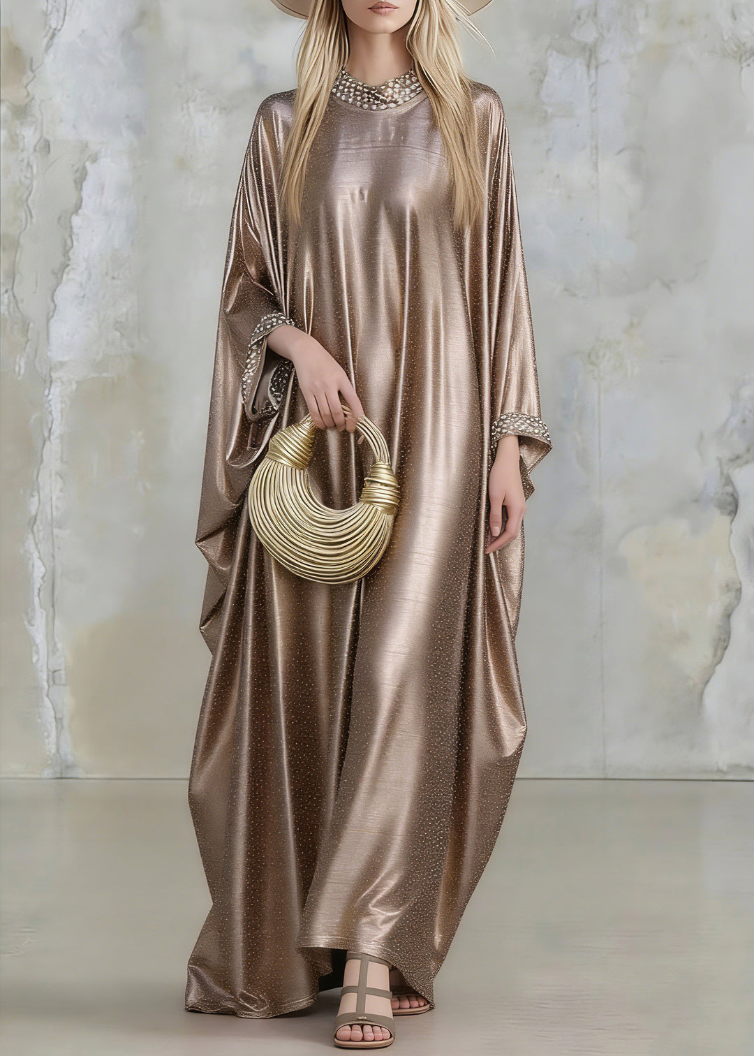 Plus Size Gold Silk Maxi Dresses Flare Sleeve