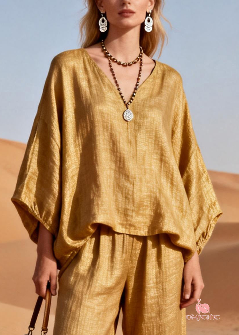 Plus Size Gold V Neck Sequins Patchwork Oversized Linen Two Piece Set Spring