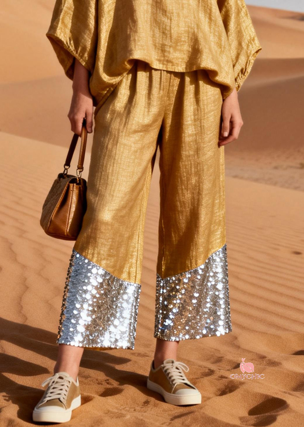 Plus Size Gold V Neck Sequins Patchwork Oversized Linen Two Piece Set Spring