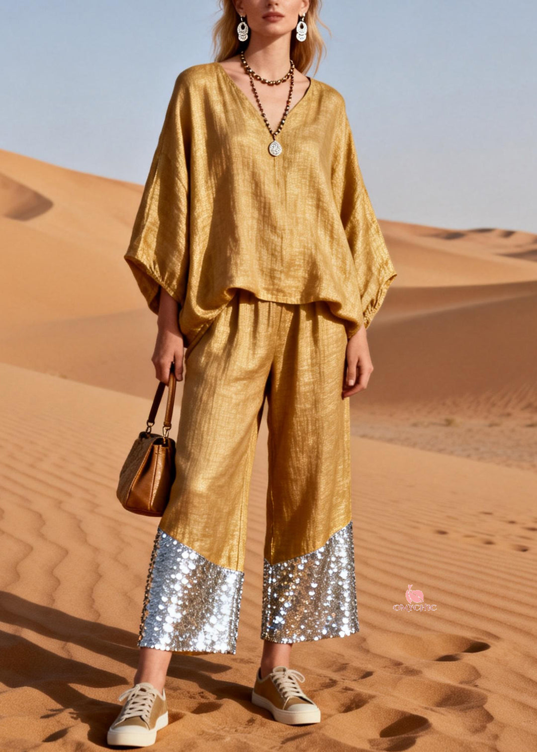 Plus Size Gold V Neck Sequins Patchwork Oversized Linen Two Piece Set Spring