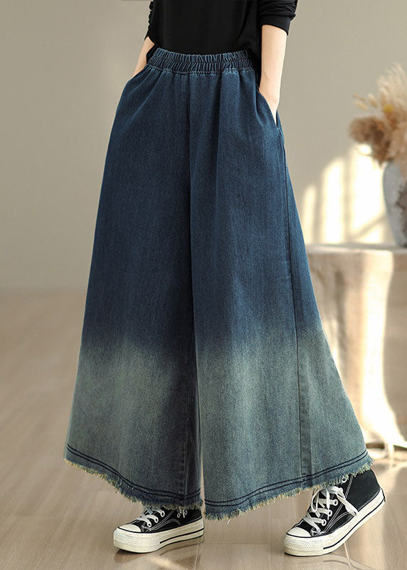 Plus Size Gradient Blue Pockets Denim Wide Leg Pants Spring