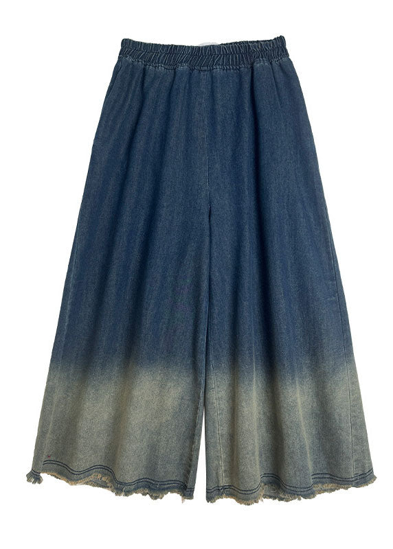 Plus Size Gradient Blue Pockets Denim Wide Leg Pants Spring