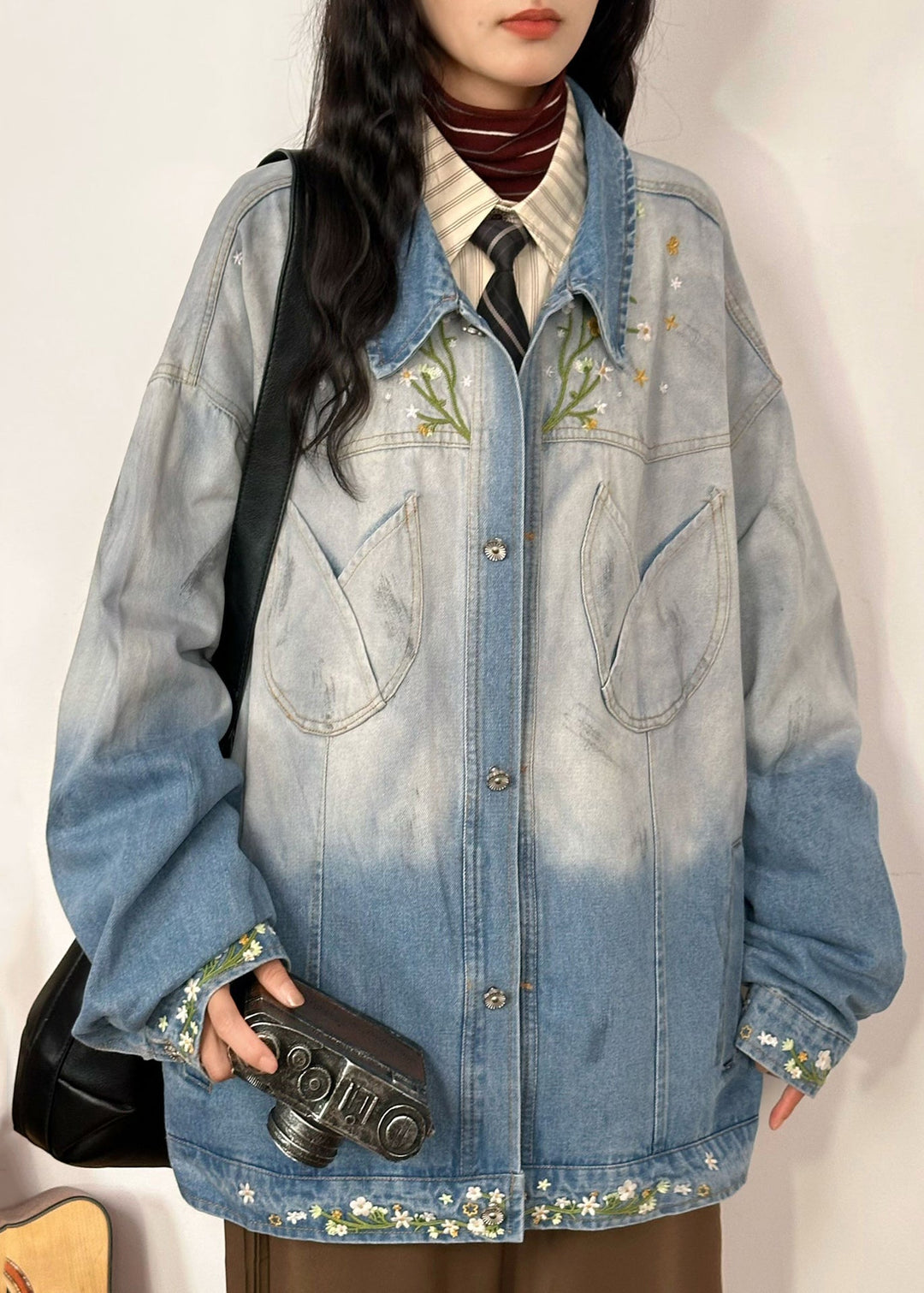 Plus Size Gradient Color Embroidered Pockets Denim Coats Fall