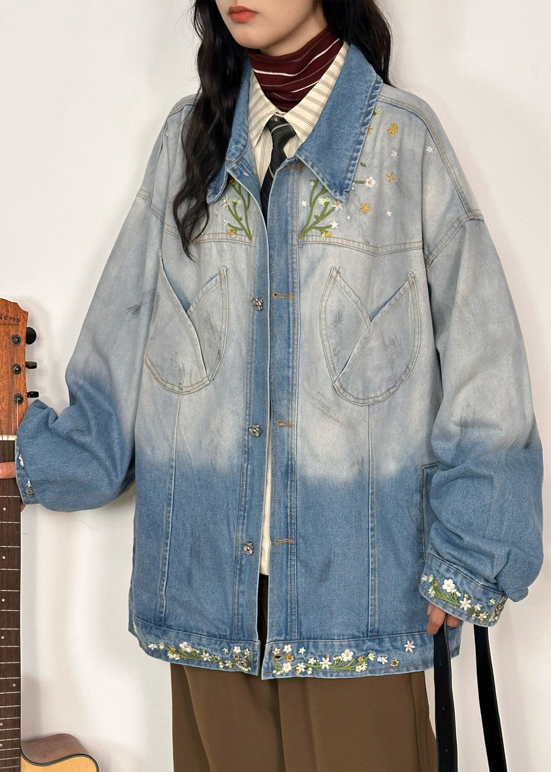 Plus Size Gradient Color Embroidered Pockets Denim Coats Fall