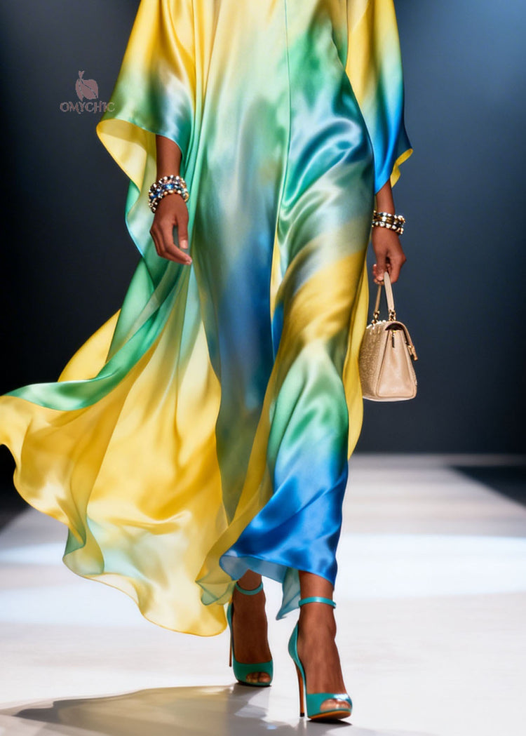 Plus Size Gradient Color V Neck Chiffon Vacation Dresses Spring - Omychic
