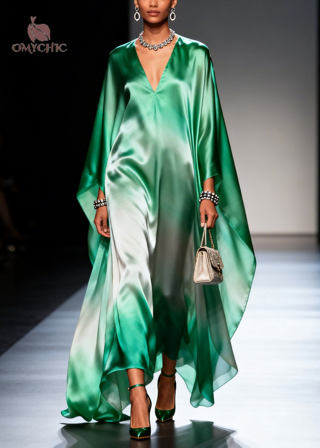 Plus Size Gradient Green Oversized Chiffon Maxi Dress Batwing Sleeve