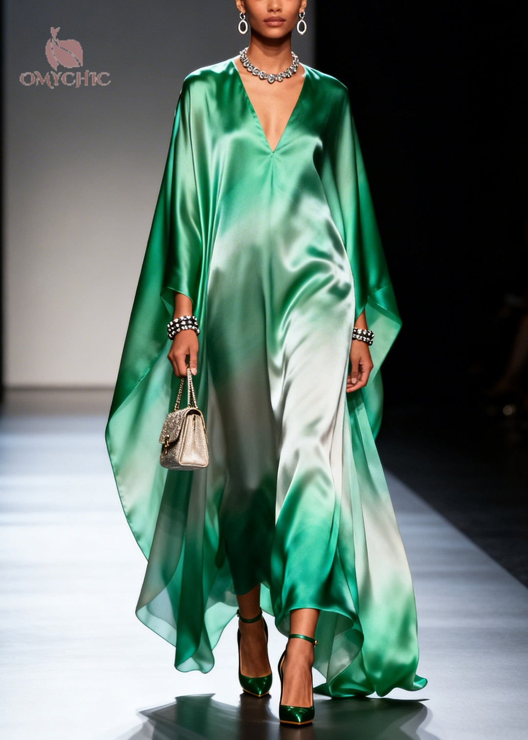 Plus Size Gradient Green Oversized Chiffon Maxi Dress Batwing Sleeve