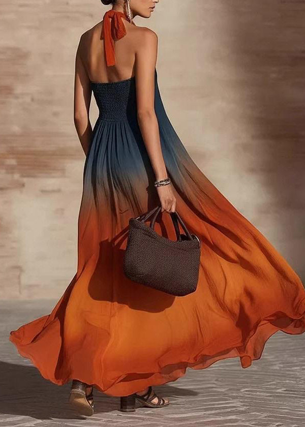 Plus Size Gradient Orange Backless Cotton Hatle Holiday Dress Summer