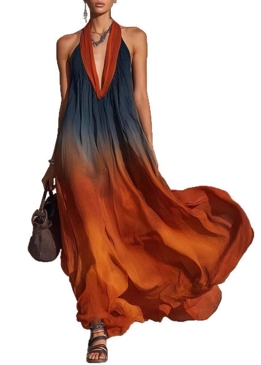 Plus Size Gradient Orange Backless Cotton Hatle Holiday Dress Summer