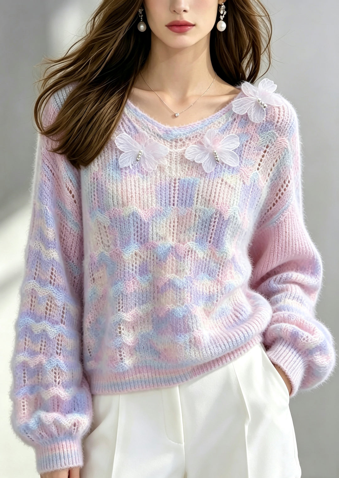 Plus Size Gradient Purple Sculptural Butterfly Knit Sweater Fall