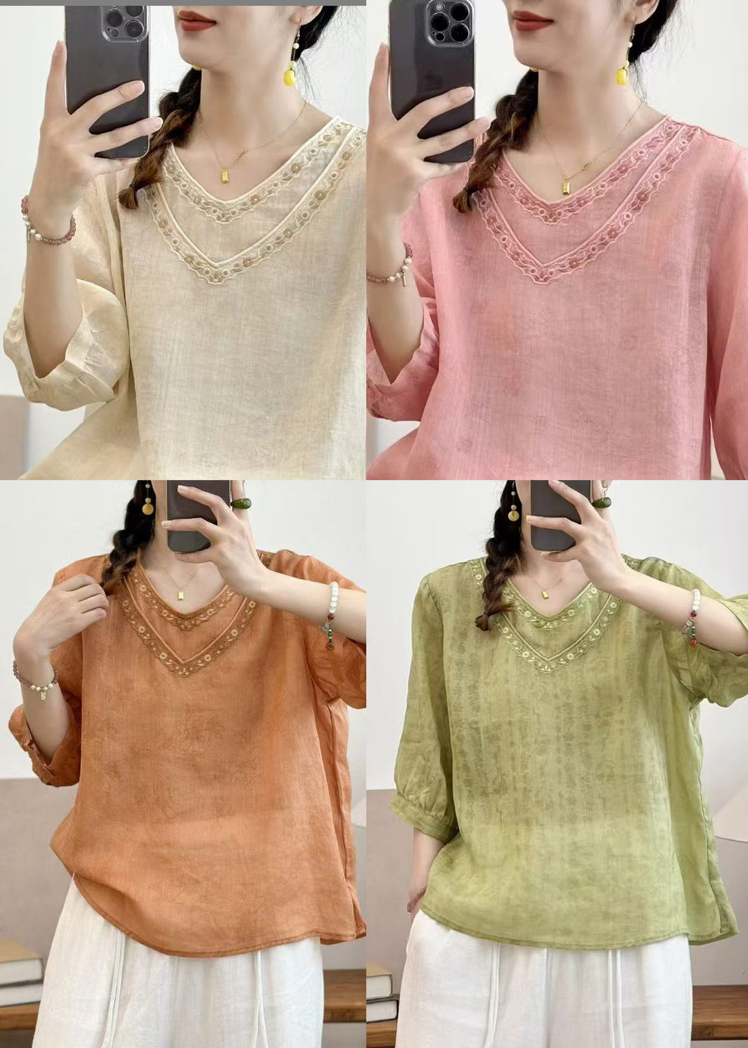 Plus Size Grass Green Embroidered Linen Top Half Sleeve