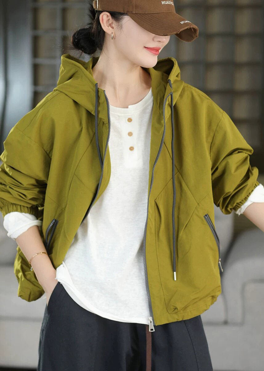 Plus Size Grass Green Hooded Pockets Spandex Coats Fall