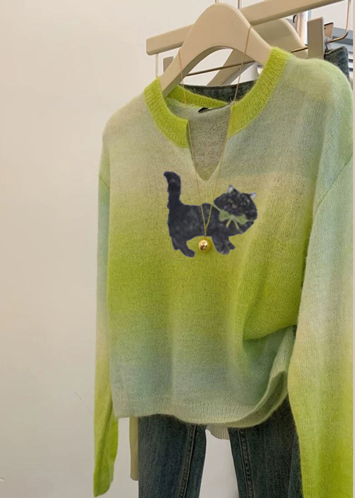 Plus Size Grass Green V Neck Tie Dye Knit Sweater Spring