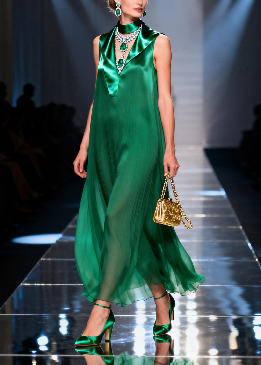 Plus Size Green Asymmetrical Patchwork Chiffon Robe Dresses Sleeveless
