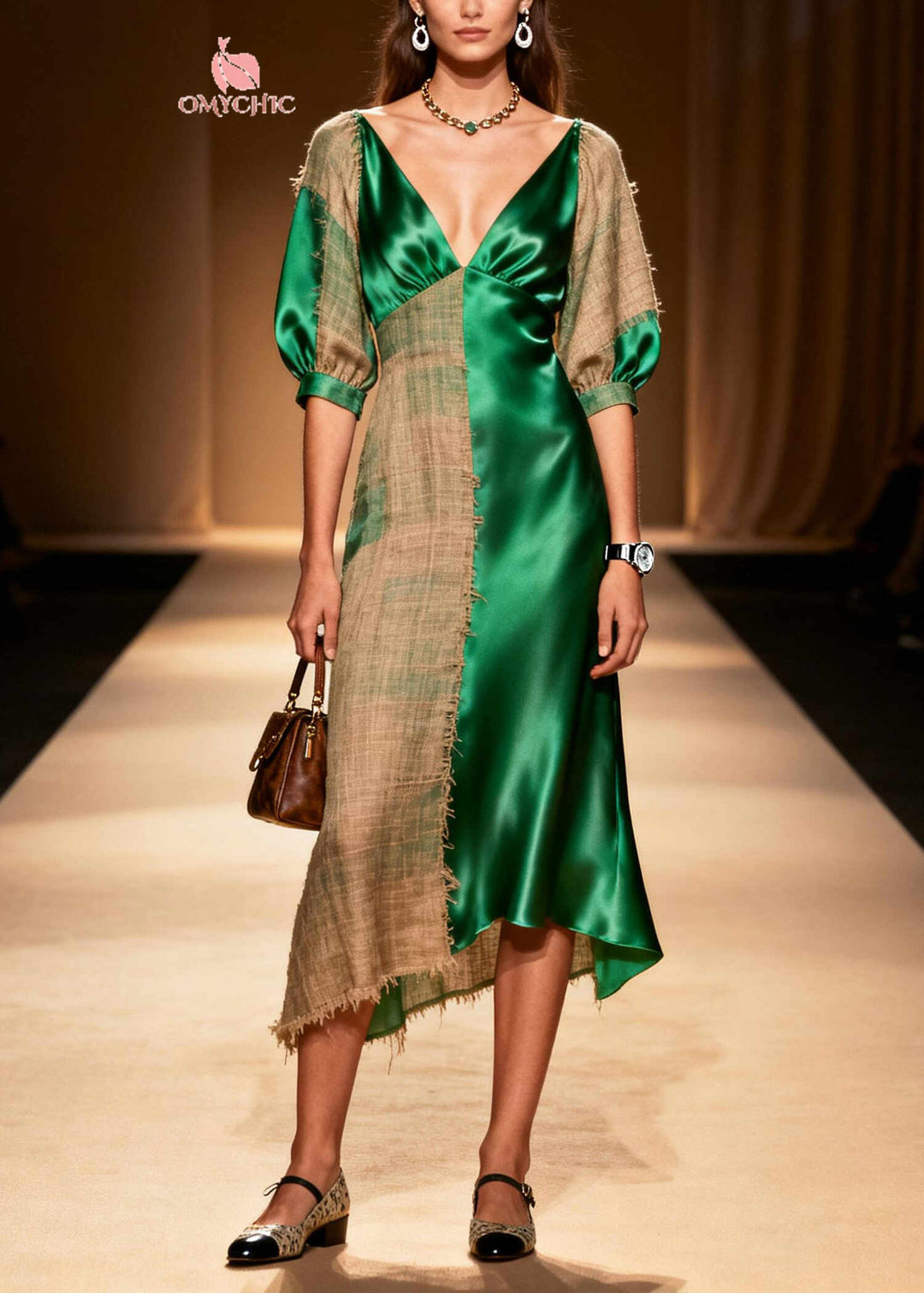 Plus Size Green Asymmetrical Patchwork Linen Silk Dress Summer