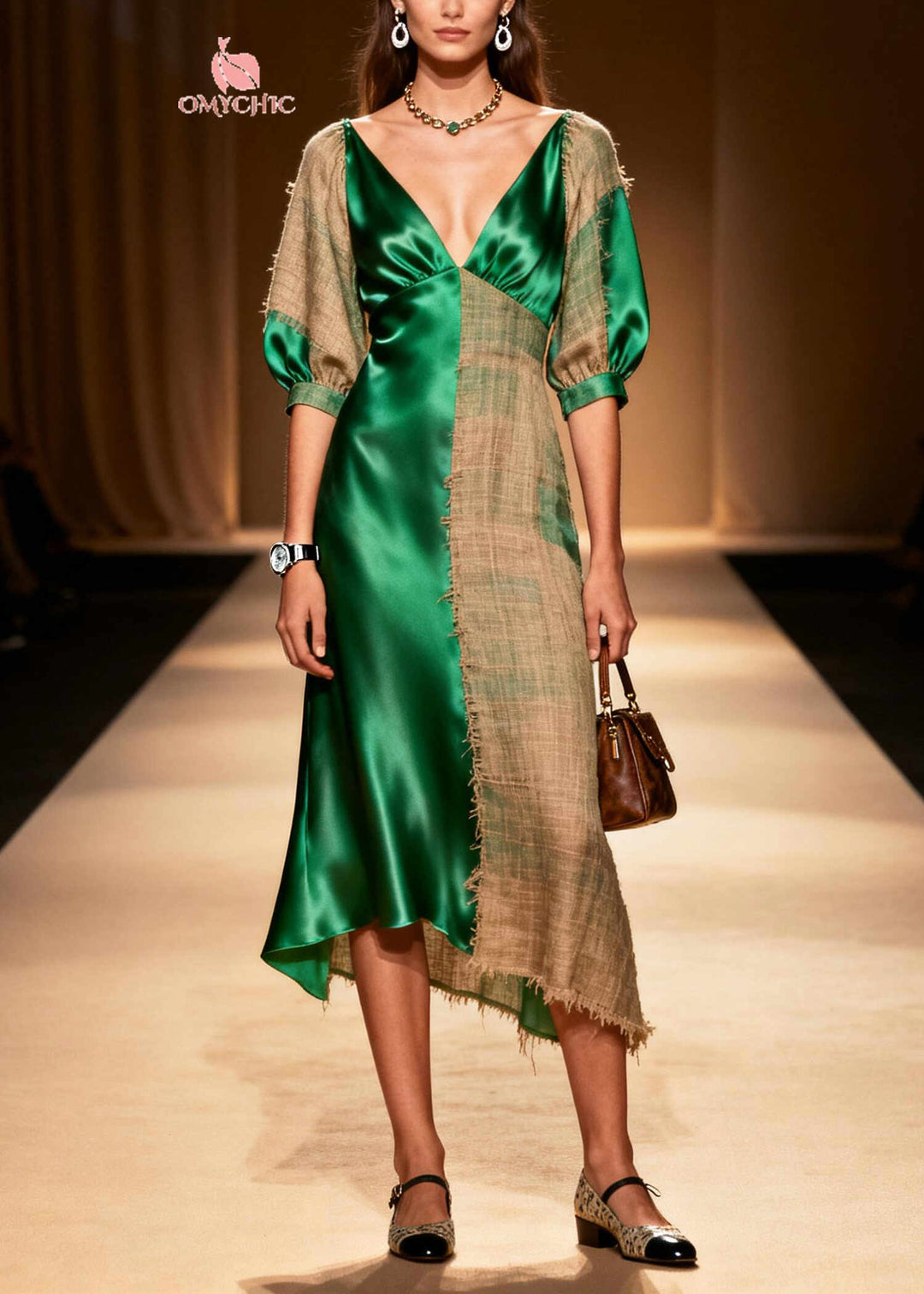 Plus Size Green Asymmetrical Patchwork Linen Silk Dress Summer