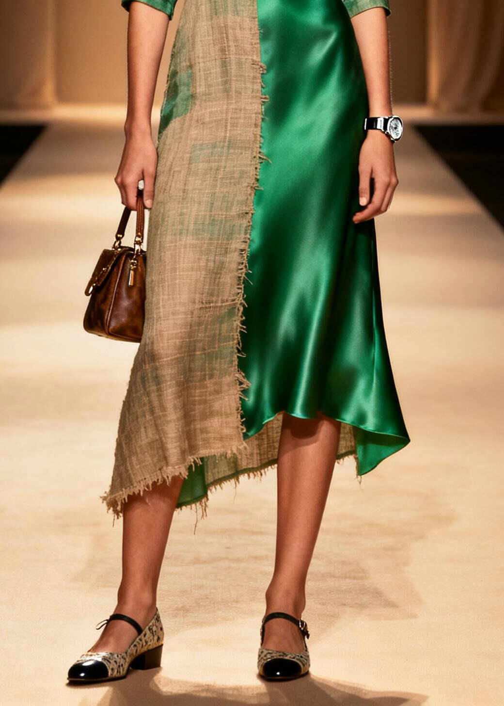 Plus Size Green Asymmetrical Patchwork Linen Silk Dress Summer