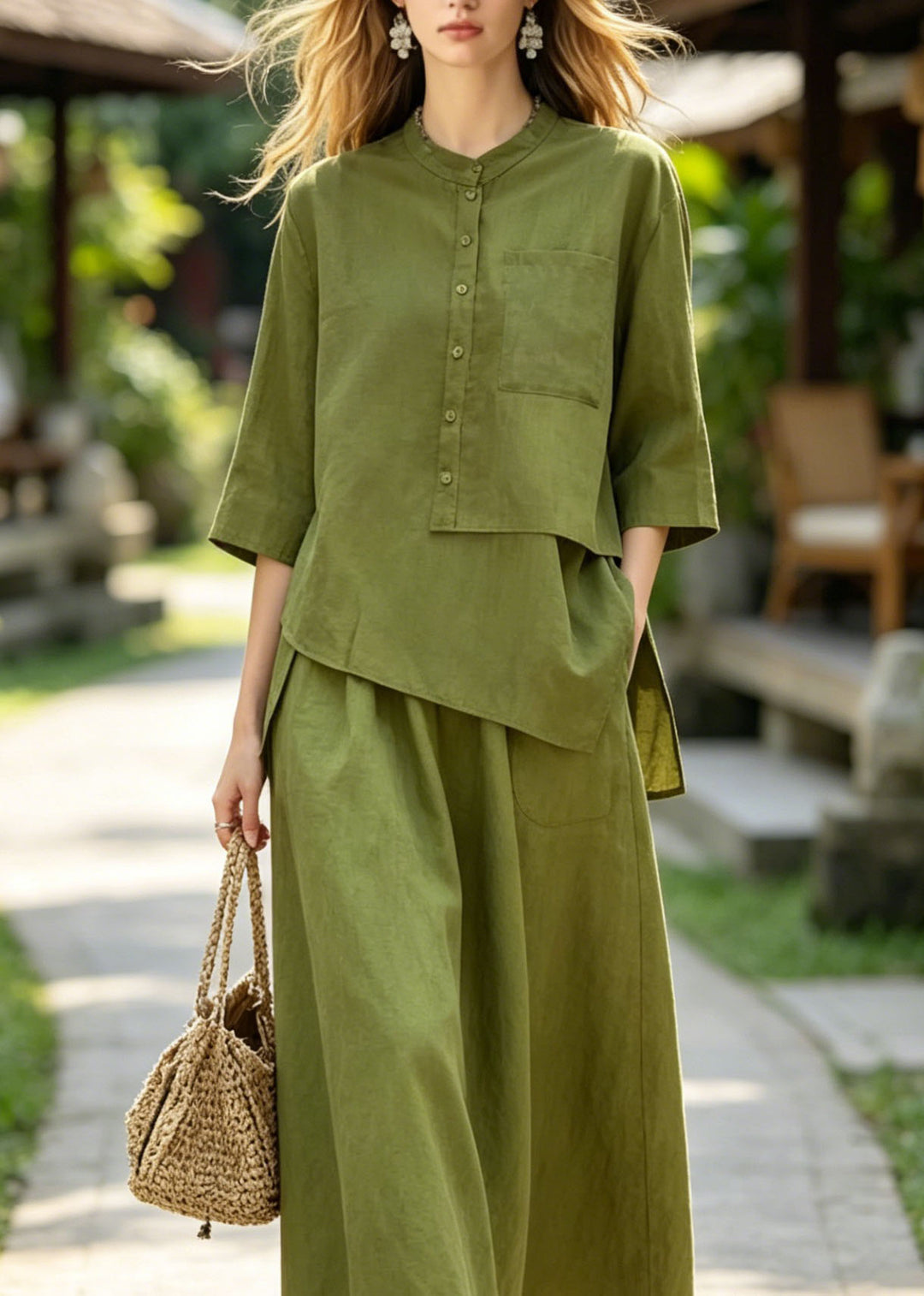 Plus Size Green Asymmetrical Top And Skirts Cotton 2 Piece Outfit Summer