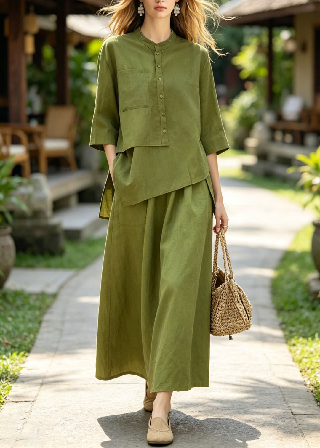 Plus Size Green Asymmetrical Top And Skirts Cotton 2 Piece Outfit Summer