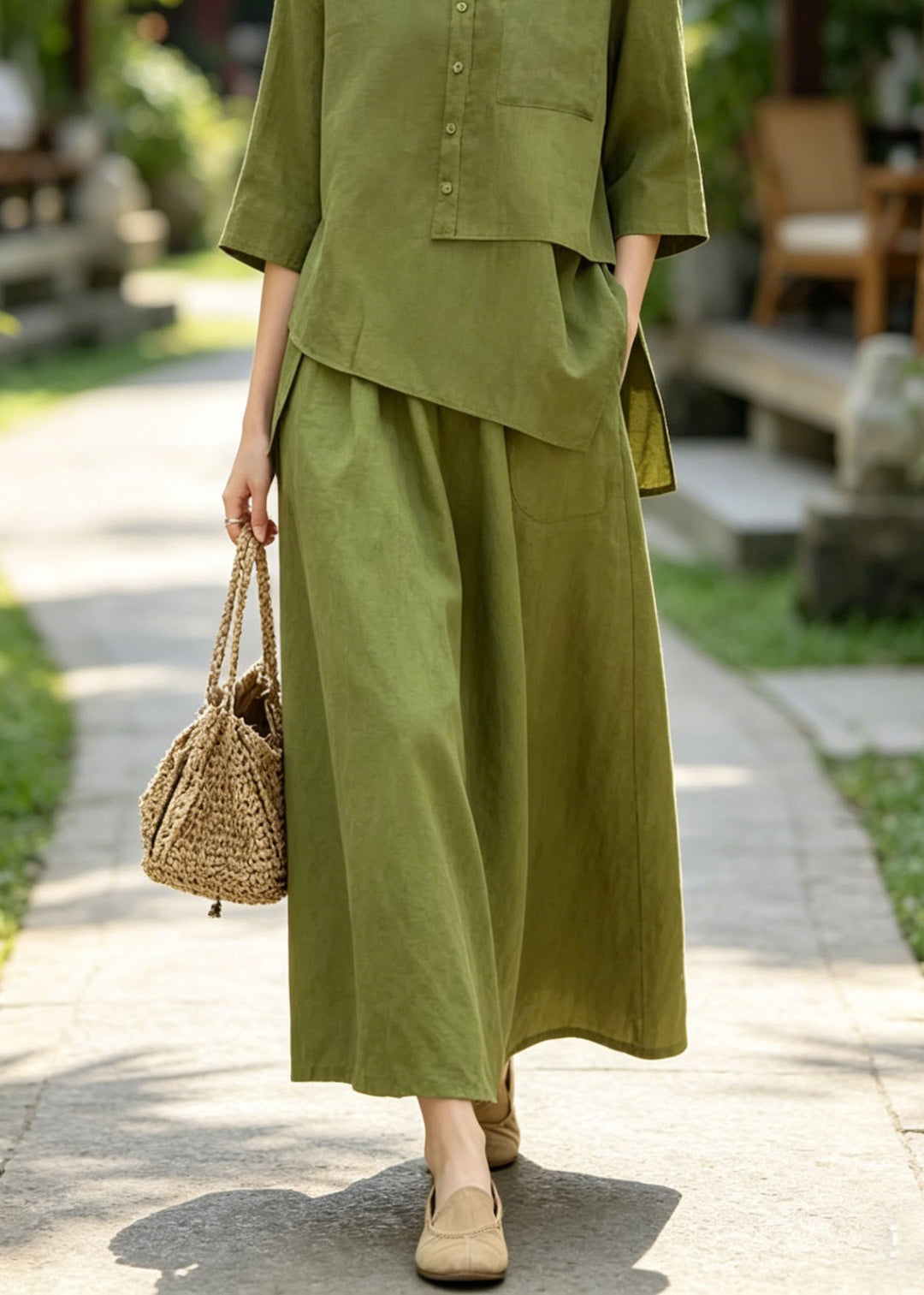 Plus Size Green Asymmetrical Top And Skirts Cotton 2 Piece Outfit Summer
