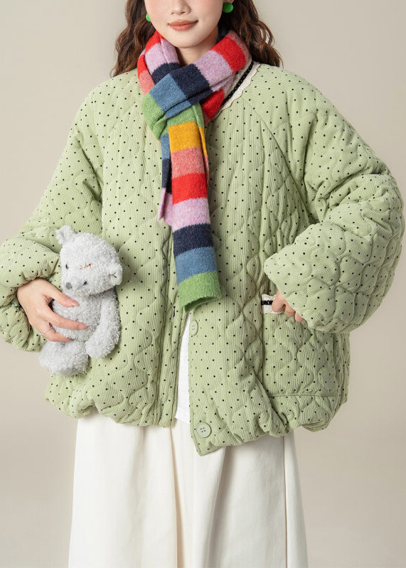 Plus Size Green Dot Pockets Lace Patchwork Cotton Filled Parkas Winter