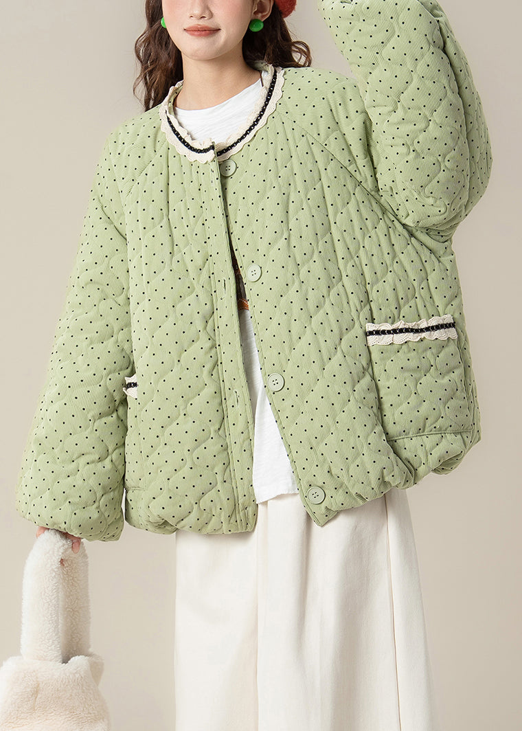 Plus Size Green Dot Pockets Lace Patchwork Cotton Filled Parkas Winter