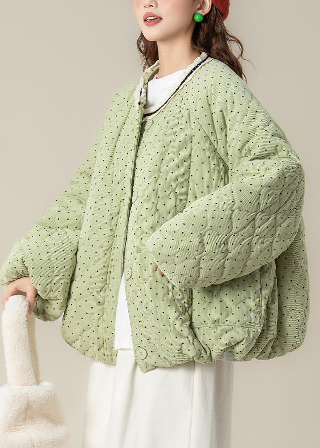 Plus Size Green Dot Pockets Lace Patchwork Cotton Filled Parkas Winter