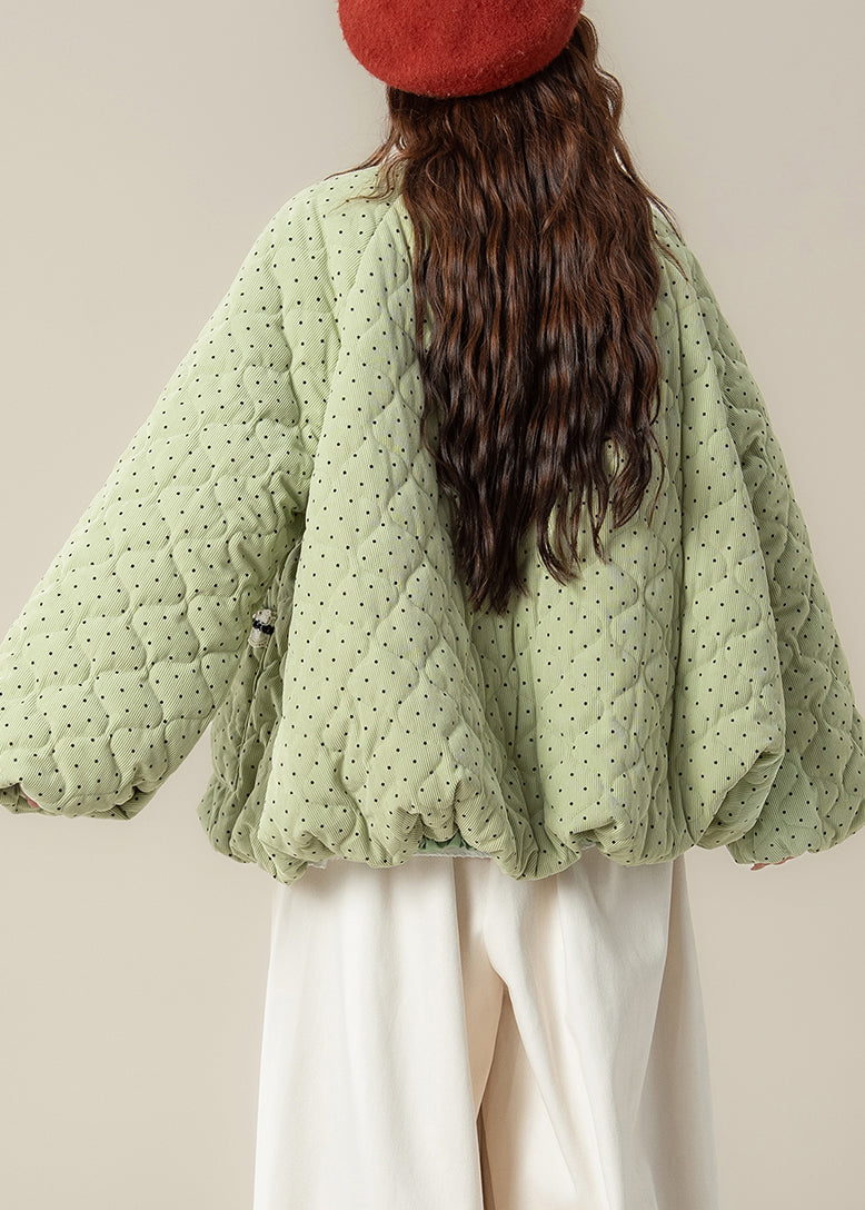 Plus Size Green Dot Pockets Lace Patchwork Cotton Filled Parkas Winter