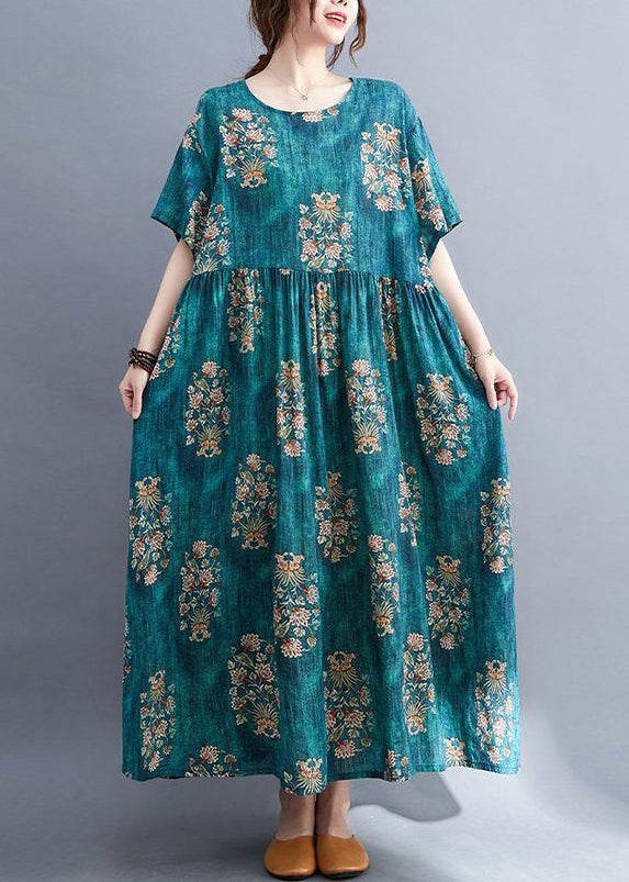 Plus Size Green O Neck Print Cotton Long Dress Summer