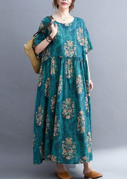 Plus Size Green O Neck Print Cotton Long Dress Summer