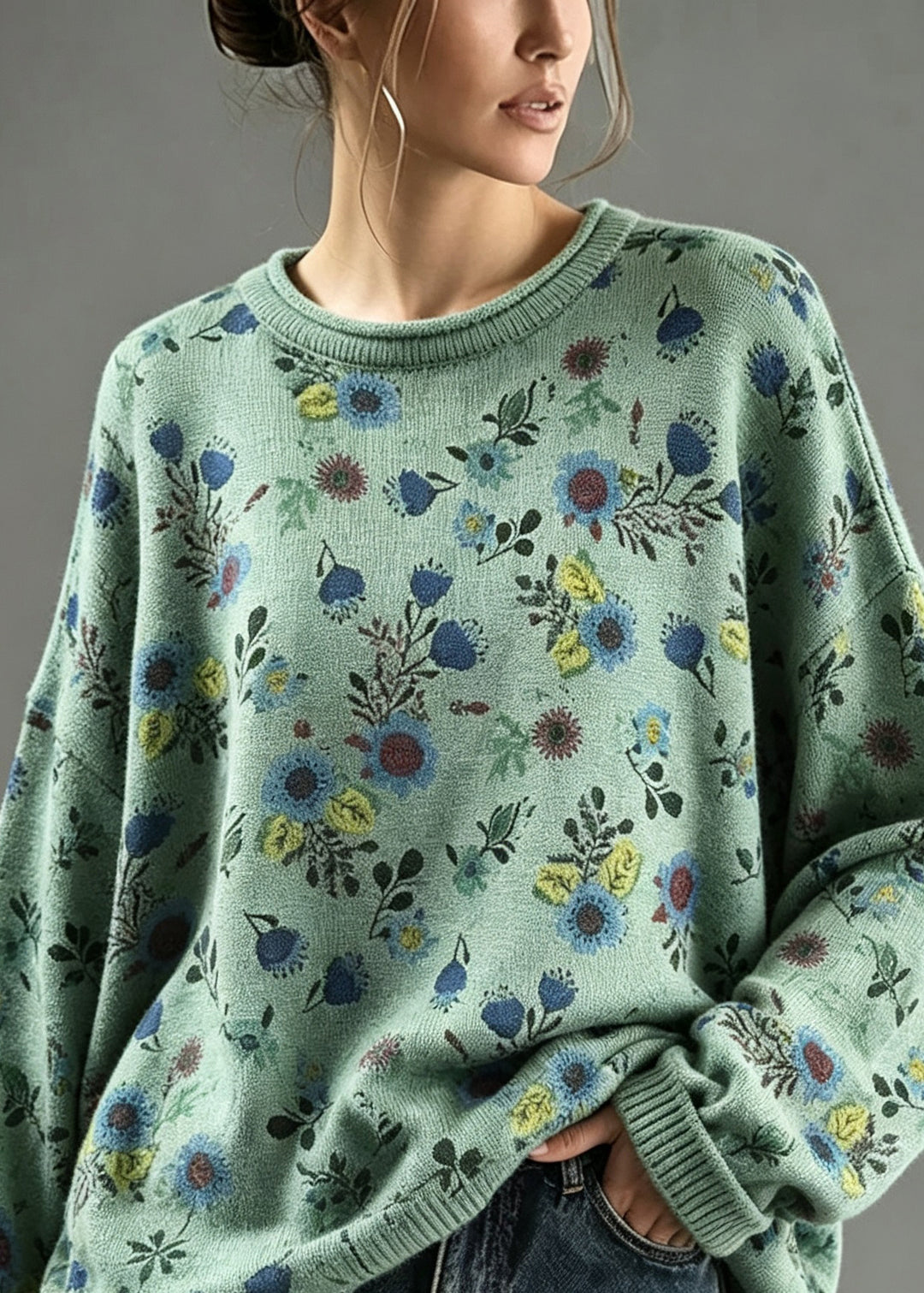 Plus Size Green O Neck Print Knit Sweater Tops Fall
