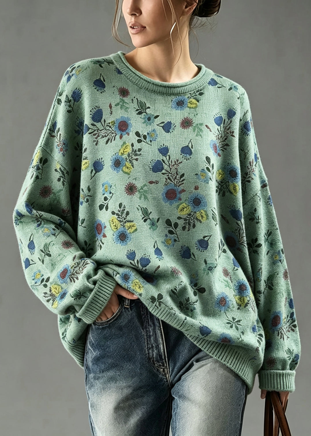 Plus Size Green O Neck Print Knit Sweater Tops Fall