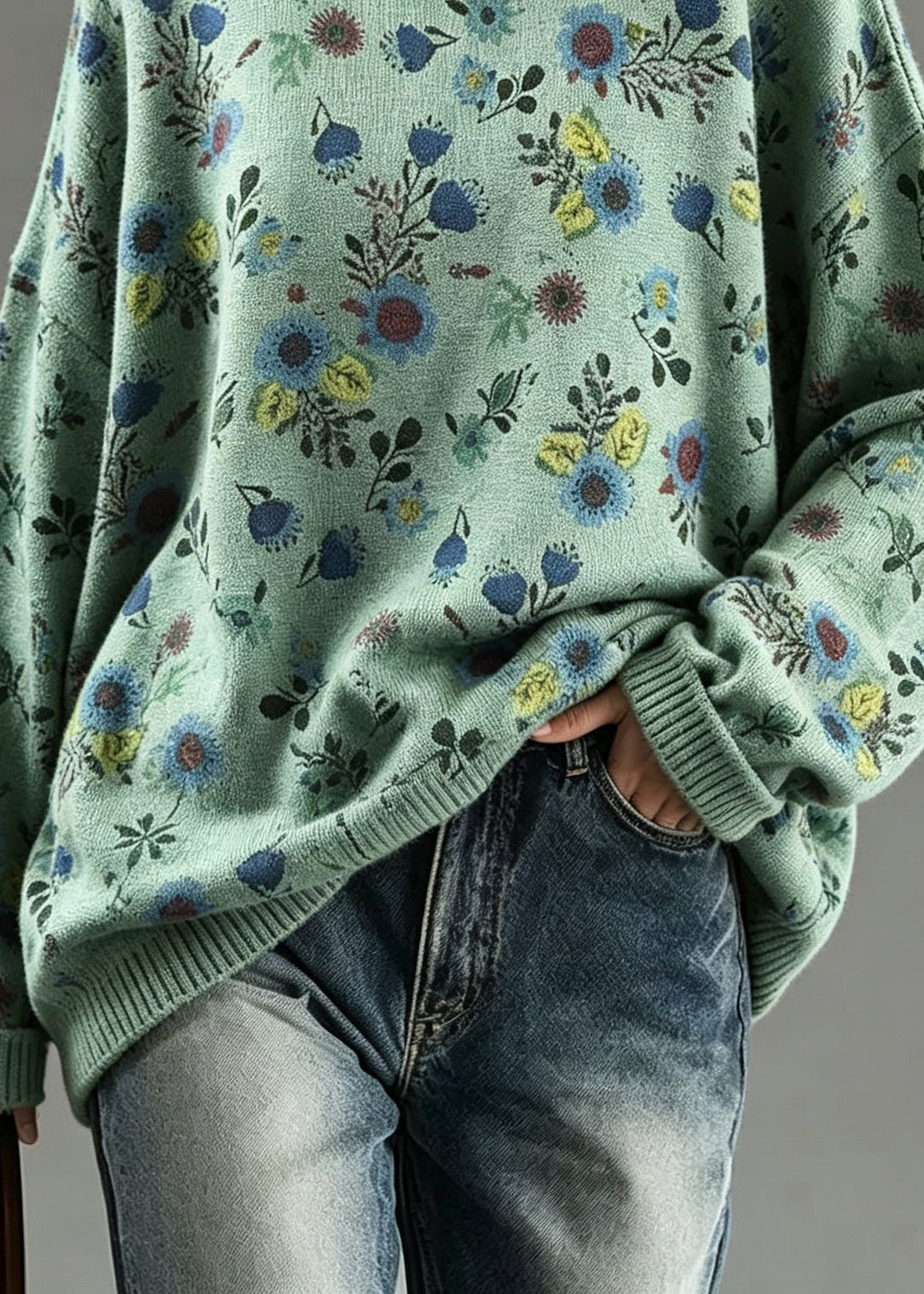 Plus Size Green O Neck Print Knit Sweater Tops Fall