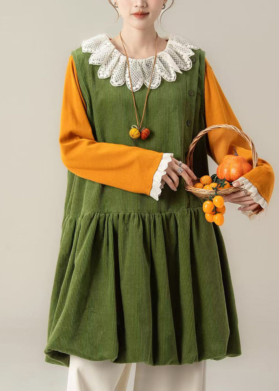 Plus Size Green Oversized Corduroy Mid Dress Spring