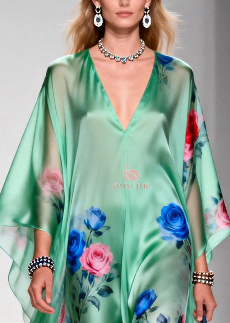 Plus Size Green Oversized Floral Print Chiffon Beach Dress Summer