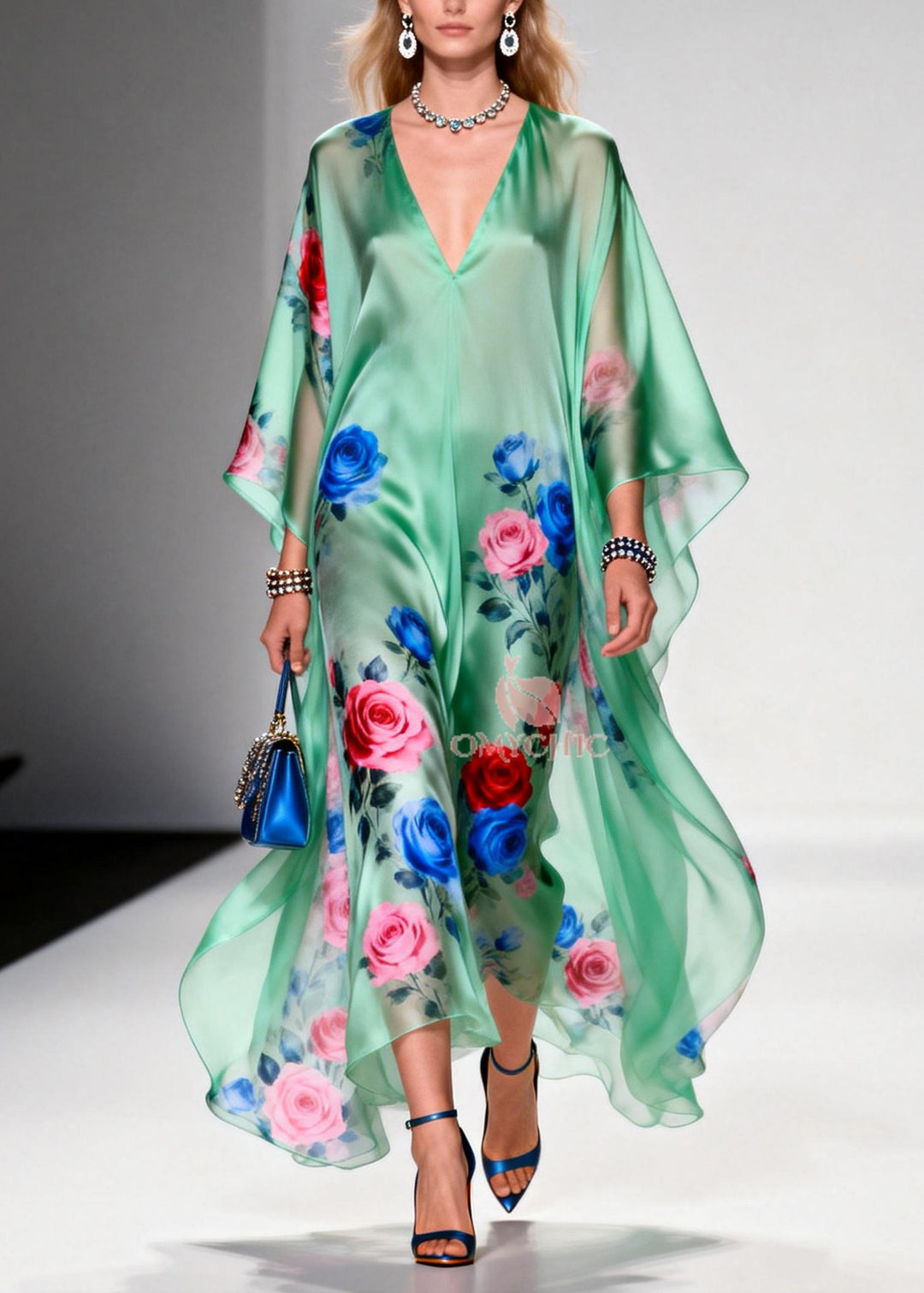 Plus Size Green Oversized Floral Print Chiffon Beach Dress Summer