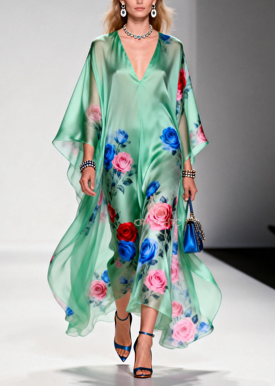 Plus Size Green Oversized Floral Print Chiffon Beach Dress Summer