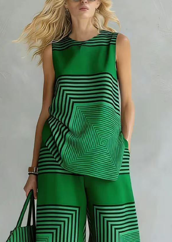 Plus Size Green Oversized Print Cotton Two Pieces Set Sleeveless