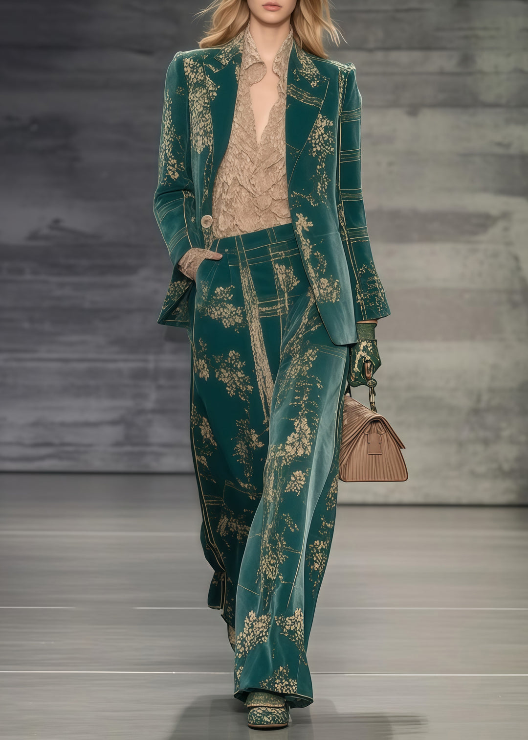 Plus Size Green Oversized Print Spandex Coats And Straight Pants Two Piece Set Spring