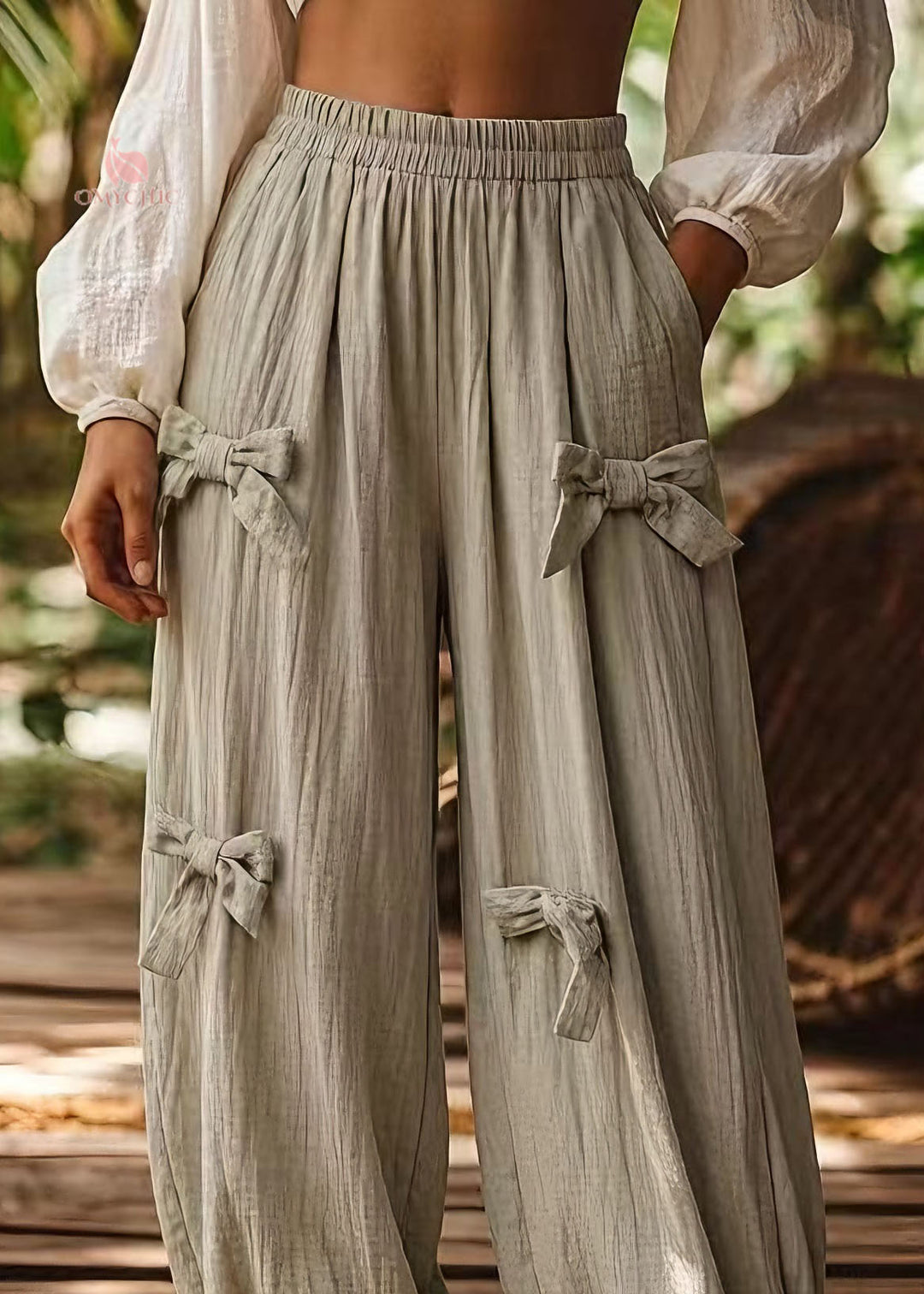 Plus Size Green Pockets Bow Elastic Waist Cotton Pants Summer