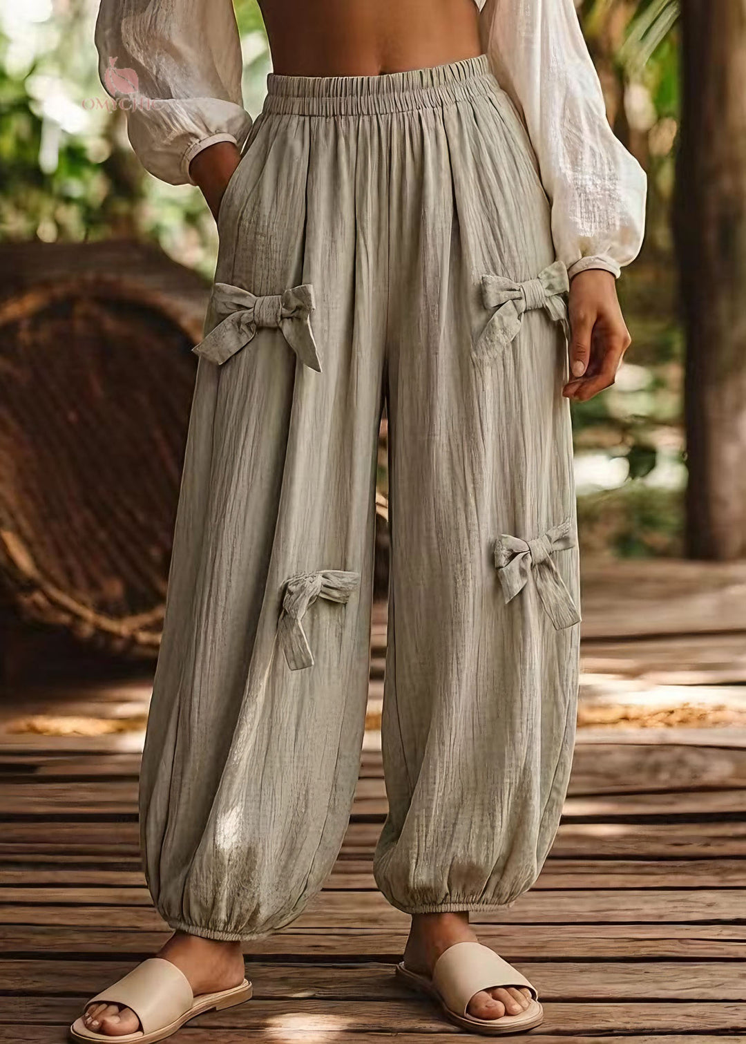 Plus Size Green Pockets Bow Elastic Waist Cotton Pants Summer