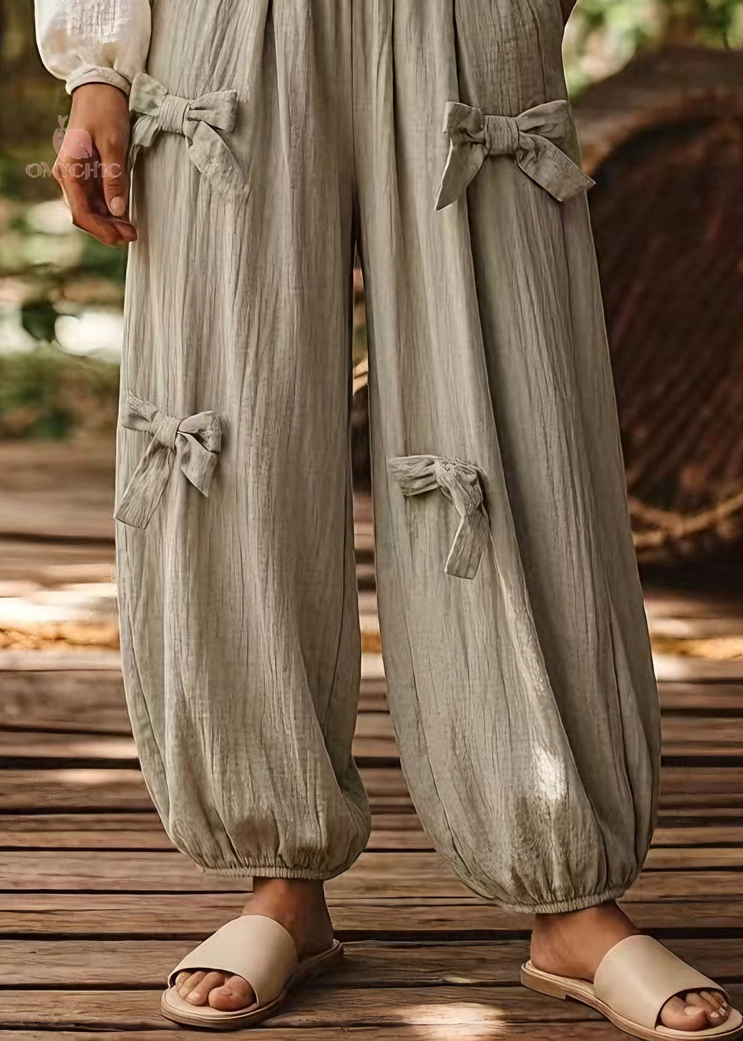 Plus Size Green Pockets Bow Elastic Waist Cotton Pants Summer